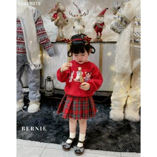Set tết áo nỉ bông đỏ phối chân váy xếp ly kẻ Bernie cho bé gái