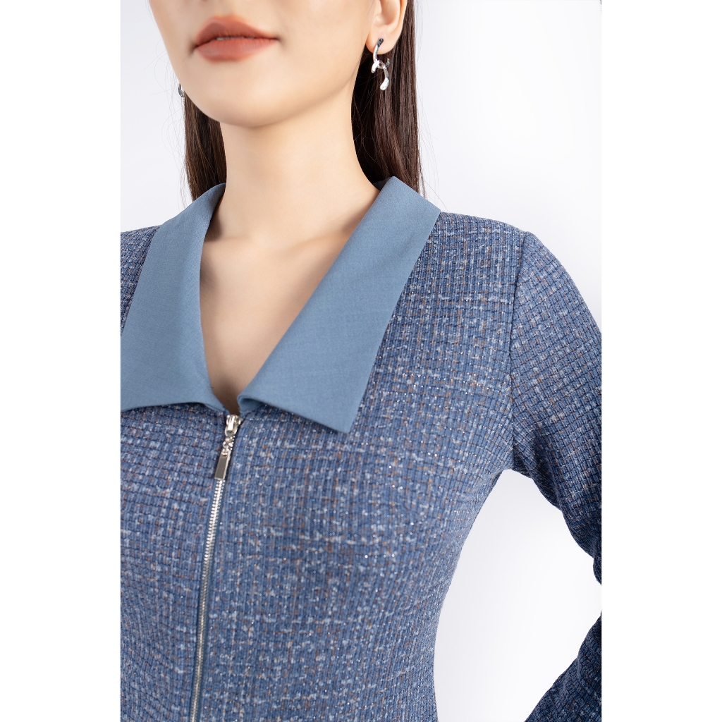 FDD9096 - Đầm công sở vải len dáng A cổ phối vải màu thân kéo khóa đính nắp túi trang trí - PANTIO