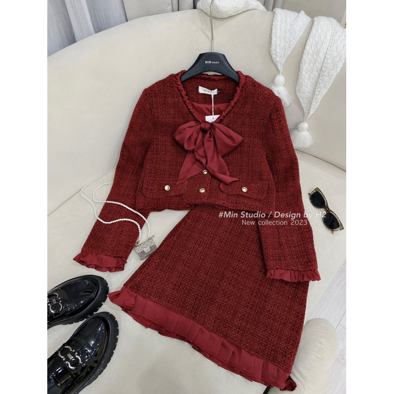 SET ÁO DẠ TWEET NƠ LỤA MIX CHÂN VÁY CHỮ A C.Moon