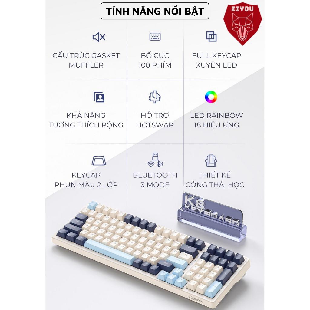 Bàn Phím Cơ Không Dây Hotswap Ziyou K8 Kết Nối Đa Năng 3 Mode, Trục Cơ Red Switch Có Lót Foam Pin Sạc