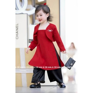 Áo dài cho bé gái _ áo dài cách điệu nhung đỏ phối áo khoác cực dễ thương cho bé gái 10-30kg