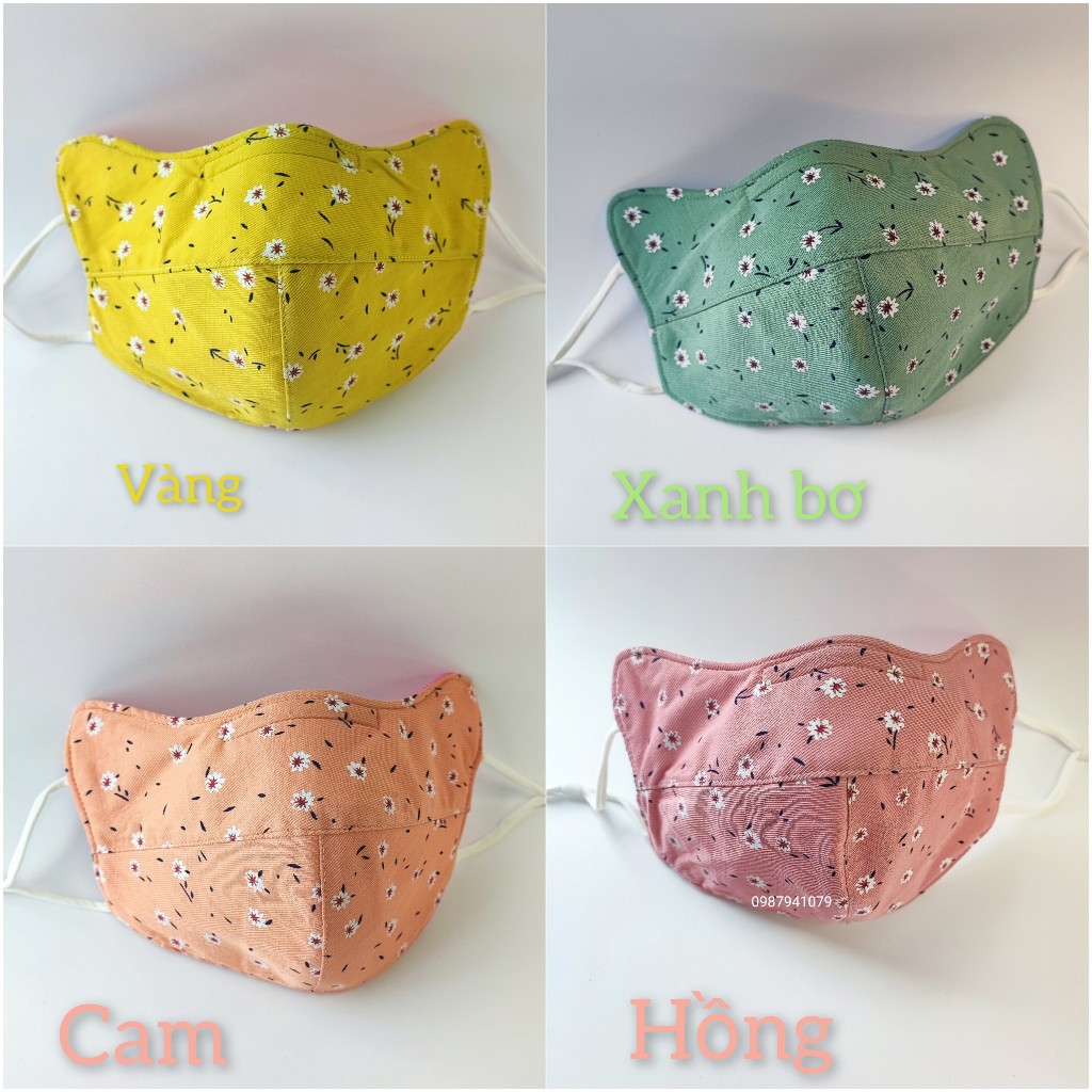 Khẩu trang vải chống nắng tai mèo mũi kẽm dây rút nhiều màu họa tiết hoa nhí, Khẩu trang chống nắng tái sử dụng