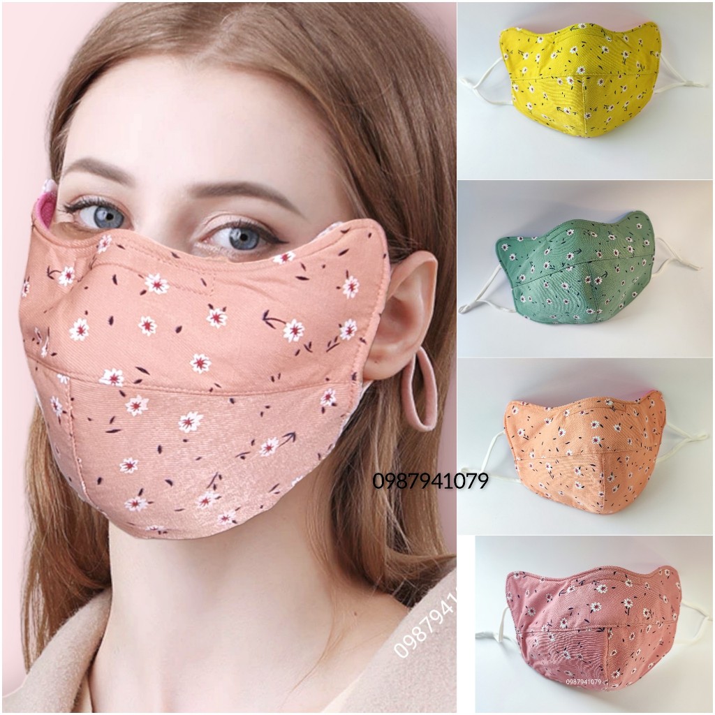 Khẩu trang vải chống nắng tai mèo mũi kẽm dây rút nhiều màu họa tiết hoa nhí, Khẩu trang chống nắng tái sử dụng