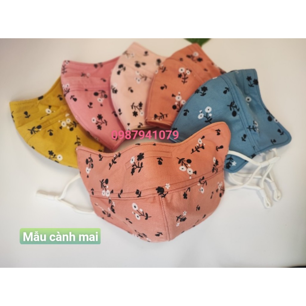 Khẩu trang vải chống nắng tai mèo mũi kẽm dây rút nhiều màu họa tiết hoa nhí, Khẩu trang chống nắng tái sử dụng