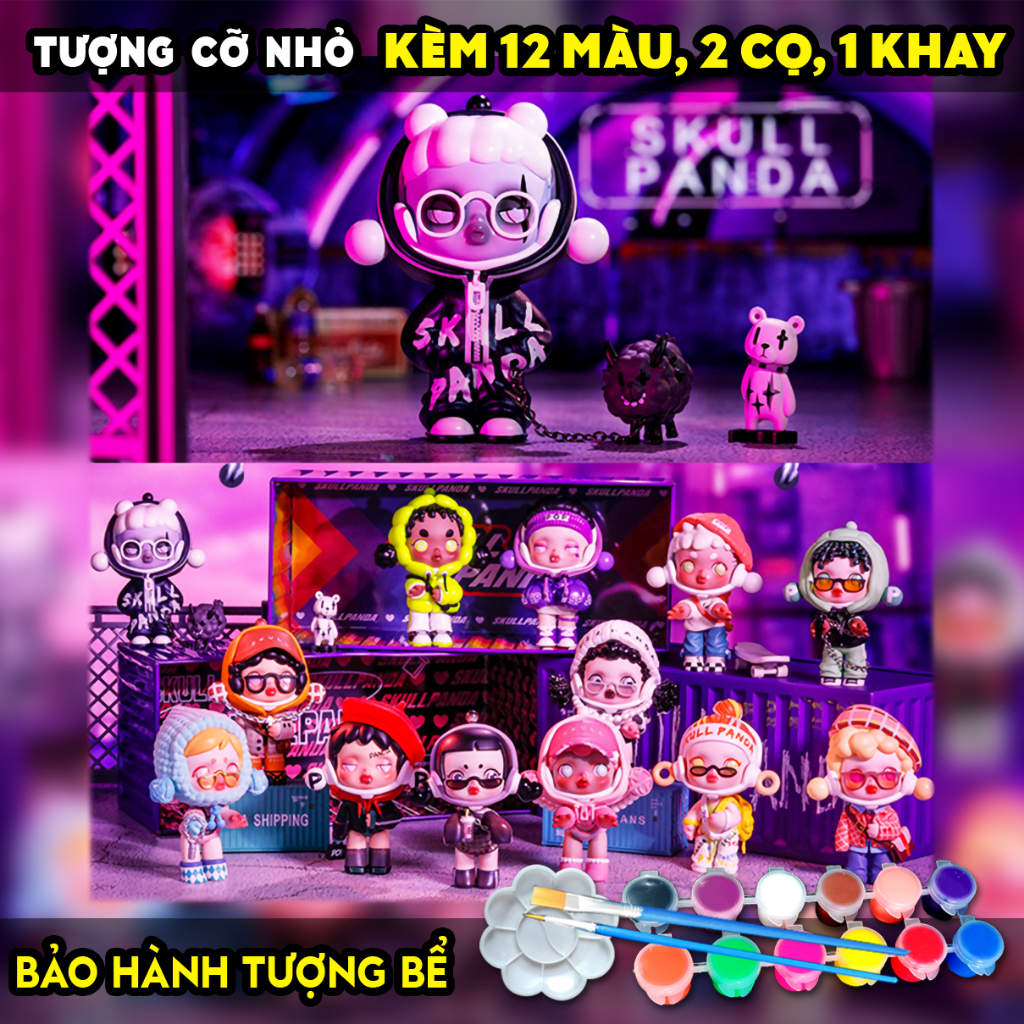 Tượng tô màu, SET 12 SKULLPANDA TÍN ĐỒ THỜI TRANG KÈM 12 MÀU 2 CỌ 1 KHAY, size S, tượng thạch cao