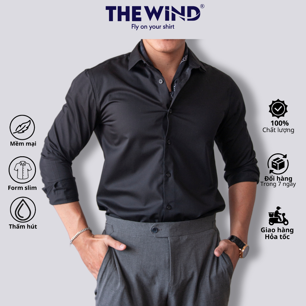 Áo sơ mi đen nam vải cotton tay dài THE WIND somi công sở dáng ôm slimfit thấm hút mồ hồi