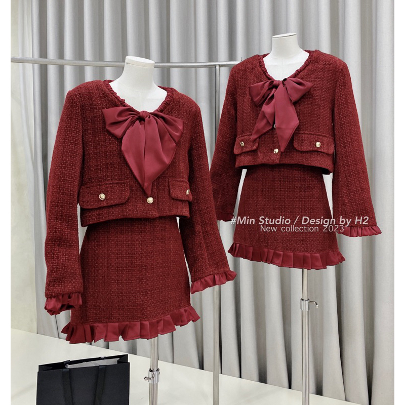 SET ÁO DẠ TWEET NƠ LỤA MIX CHÂN VÁY CHỮ A C.Moon