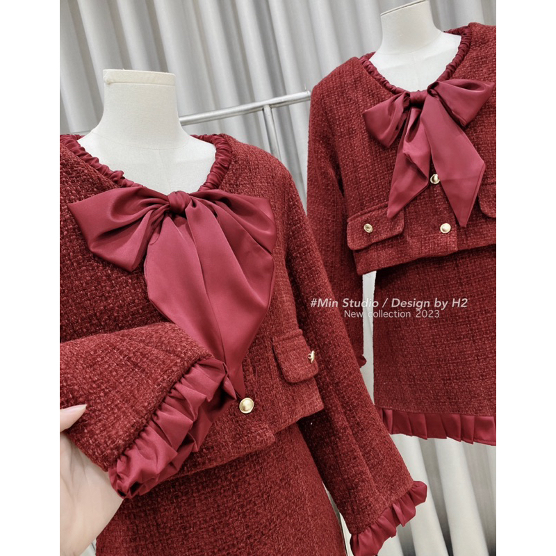 SET ÁO DẠ TWEET NƠ LỤA MIX CHÂN VÁY CHỮ A C.Moon