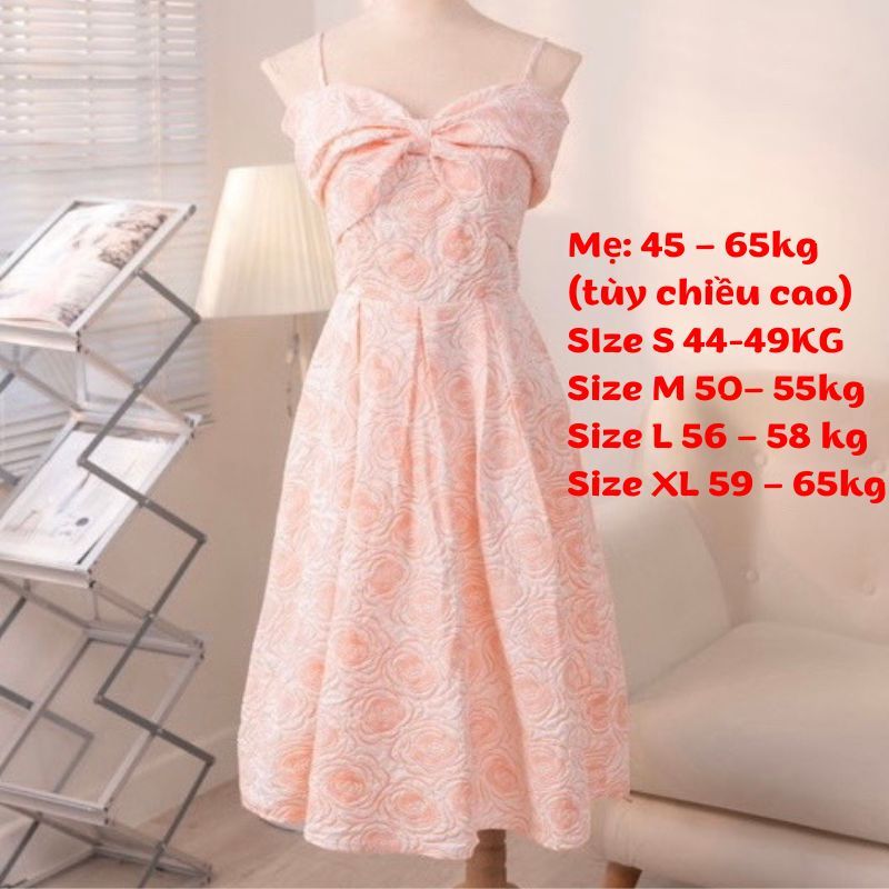 Váy đôi mẹ bé, đầm đôi mẹ bé gái hai dây trễ vai gấm hoa nổi tông hồng xinh xắn
