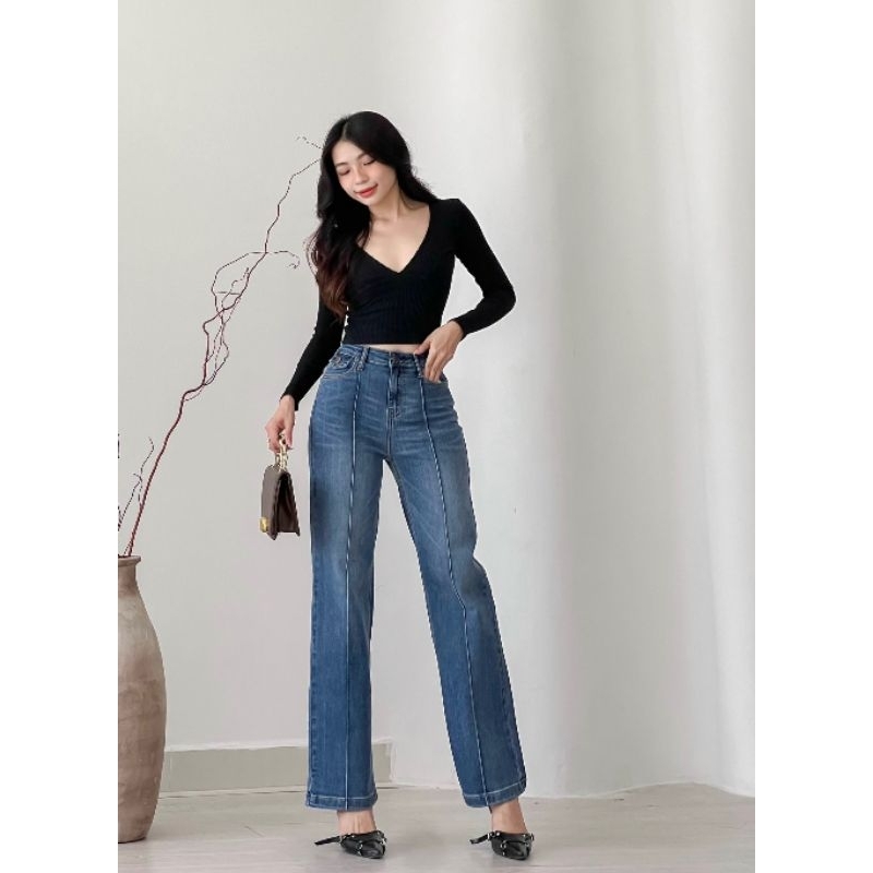Quần Jean Ống Suông Đứng Dài 98-100cm Viền Gân