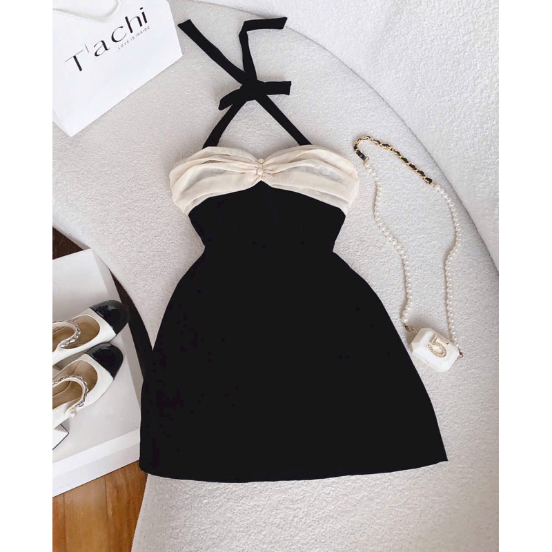 ĐẦM NHUNG CỔ YẾM PHỐI VOAN NUDE NƠ 2M