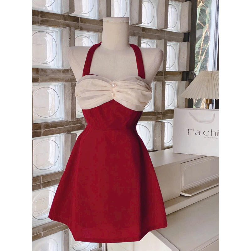 ĐẦM NHUNG CỔ YẾM PHỐI VOAN NUDE NƠ 2M