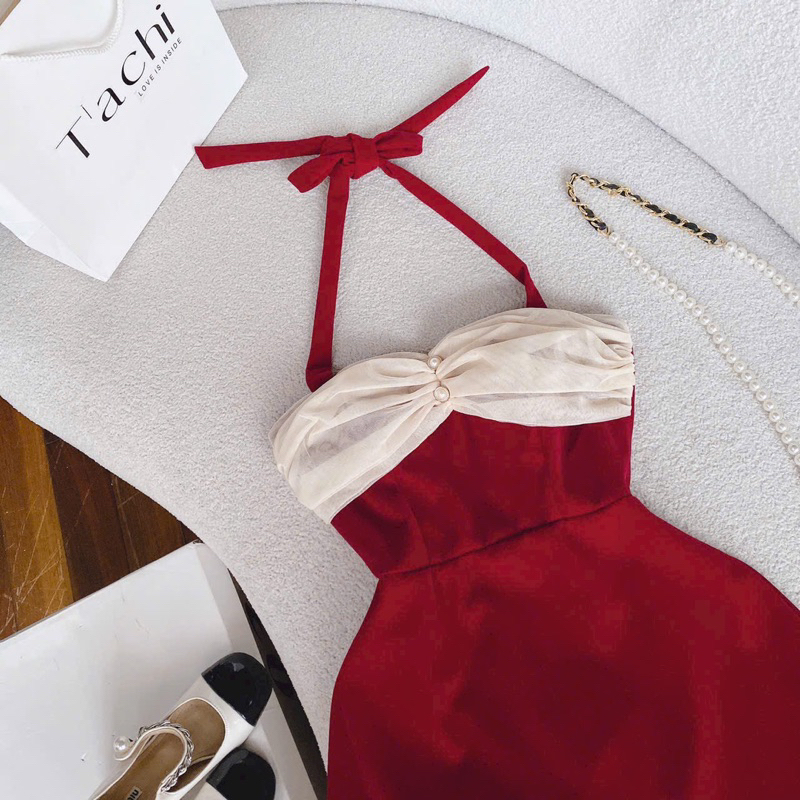 ĐẦM NHUNG CỔ YẾM PHỐI VOAN NUDE NƠ 2M