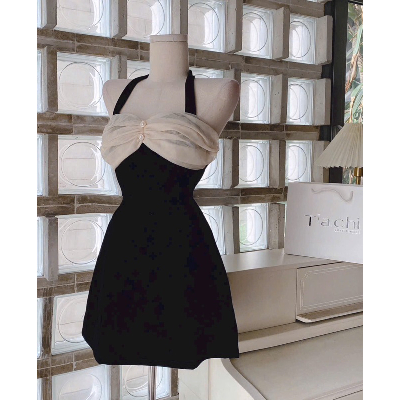 ĐẦM NHUNG CỔ YẾM PHỐI VOAN NUDE NƠ 2M