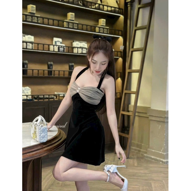 ĐẦM NHUNG CỔ YẾM PHỐI VOAN NUDE NƠ 2M