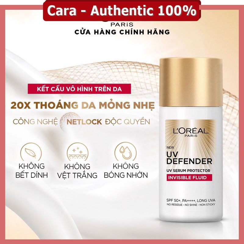 Kem Chống Nắng L'Oreal Paris X20 Mỏng Nhẹ Bảo Vệ Tối Đa UV Defender Invisible Fluid SPF50+ PA++++ 50ml - Cara Comestic