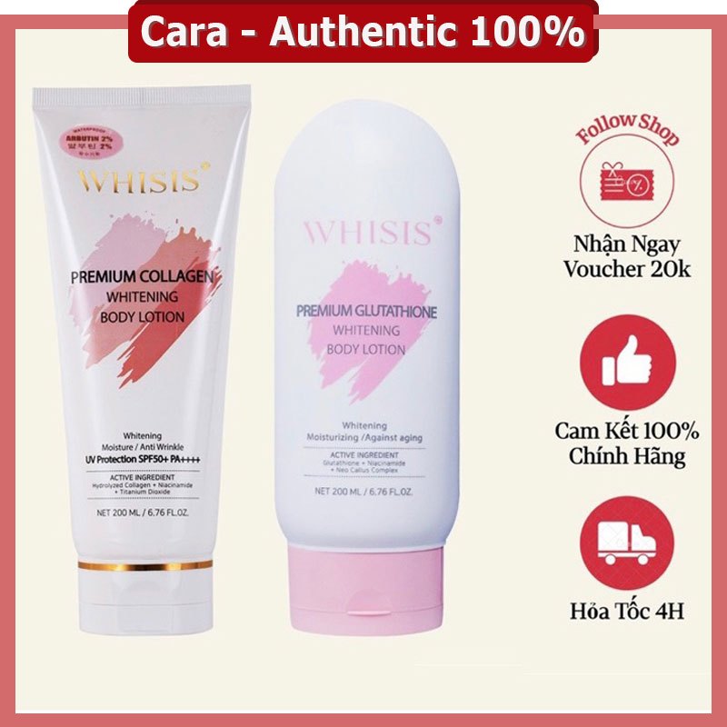 Kem Body Trắng Da Chống Nắng Nâng Tone Trắng Hồng Rạng Rỡ WHISIS Premium Collagen Whitening Body Lotion 200ml shop Cara