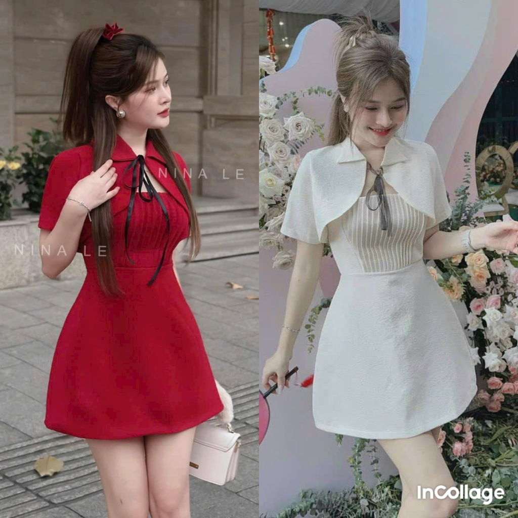 Đầm nữ dập ly ngực kèm áo khoắc kiểu crop tay ngắn  cột nơ ngực
