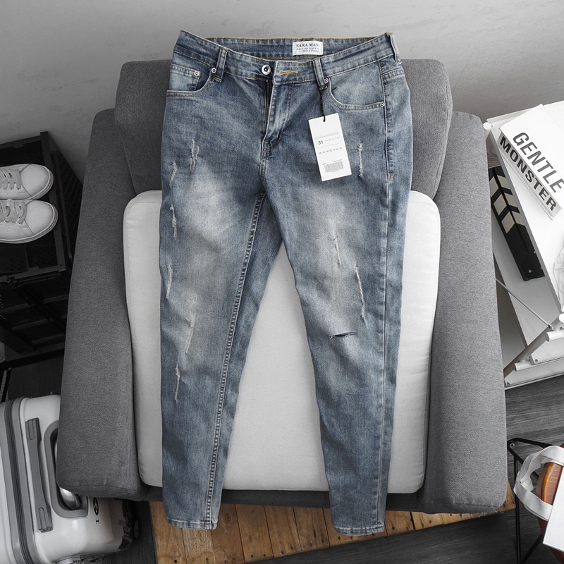 Quần jeans nam xanh xám chất jean đẹp co giãn màu bụi hàng xuất dư
