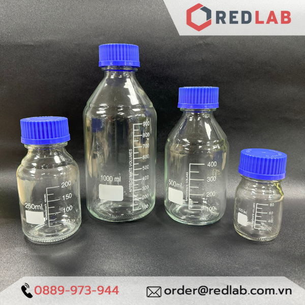 Chai trắng ECO nắp vặn xanh ONELAB 100ml 250ml 500ml, chai thuỷ tinh soda-lime đựng mẫu thí nghiệm, có chia vạch, có VAT