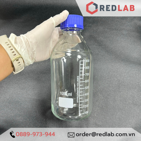 Chai trắng ECO nắp vặn xanh ONELAB 1000ml, chai thuỷ tinh 1L đựng mẫu thí nghiệm, có chia vạch, có VAT
