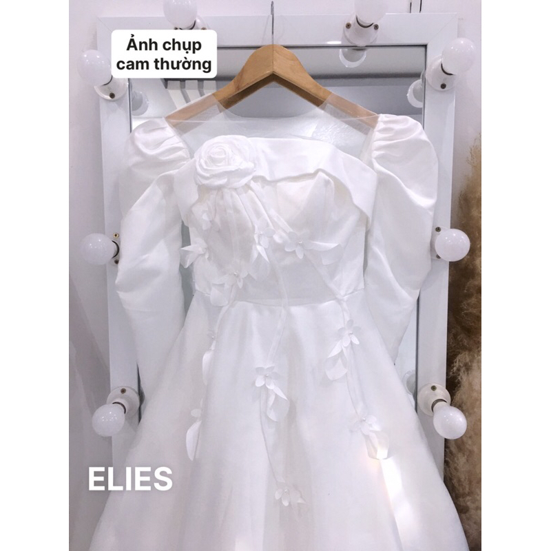 ELIES đầm cưới tay dài kết hoa 3D đan dây sau lưng