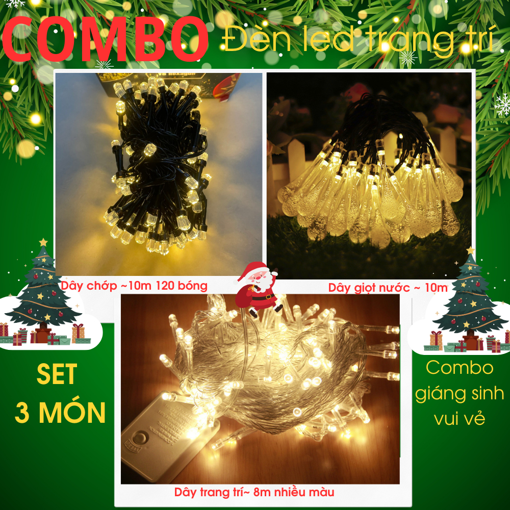 Combo 3 món đèn led trang trí điện 220V chớp nhiều màu trang trí giáng sinh ngoài trời, lễ tết