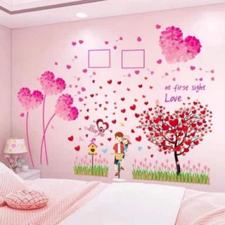 Decal dán tường trang trí phòng ngủ , phòng cưới xe đạp tình yêu và trái tim hồng