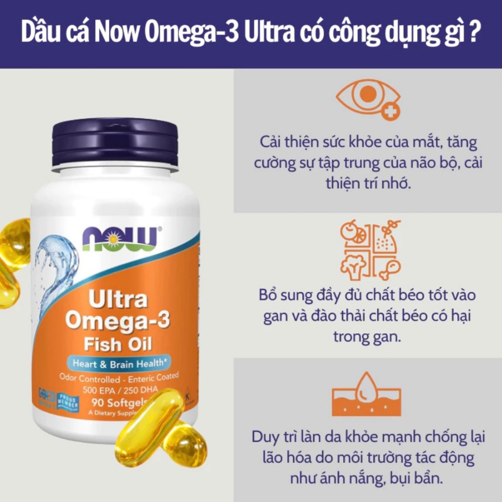 Combo kết hợp toàn diện tốt cho xương khớp, tim và não bộ Now Vitamin D3-K2 1000IU 45mcg + Ultra Omega-3 500 EPA/250 DHA