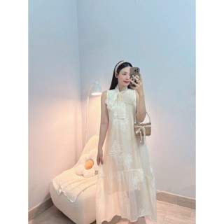 Đầm voan thiết kế cổ yếm buộc nơ - hình shop chụp thật