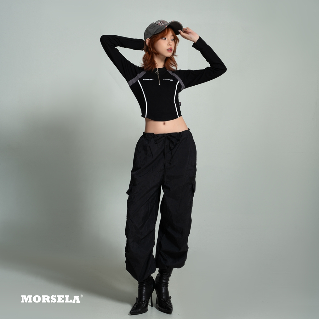 MORSELA® chính hãng -  Áo croptop raglan nữ VIPER tay dài ôm body khóa zip phong cách đường phố
