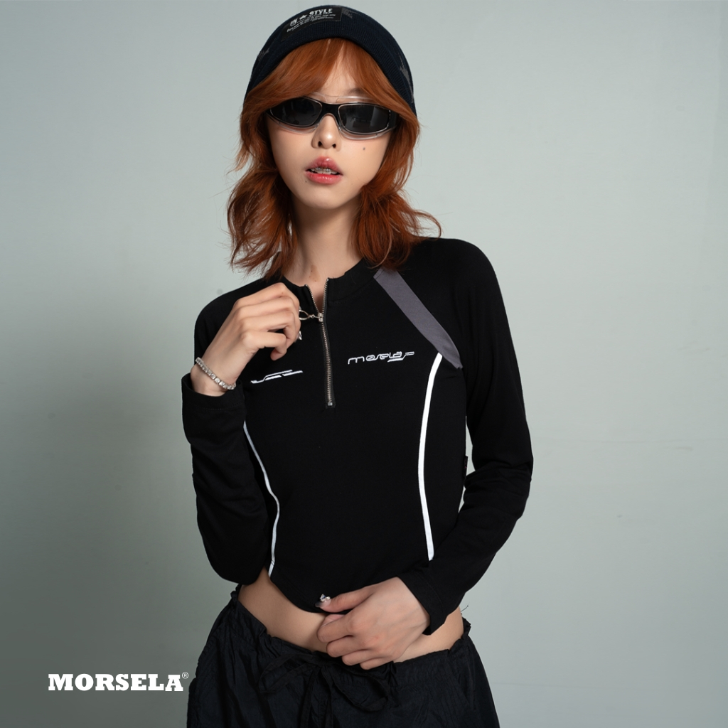 MORSELA® chính hãng -  Áo croptop raglan nữ VIPER tay dài ôm body khóa zip phong cách đường phố