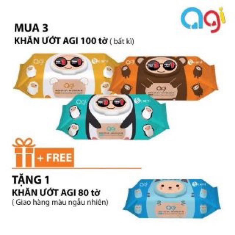 ( Mua 3 tặng 1) Combo 3 gói khăn ướt Agi 100 tờ không mùi tặng 1 gói khăn ướt Agi 80 tờ( Giao màu ngẫu nhiên)