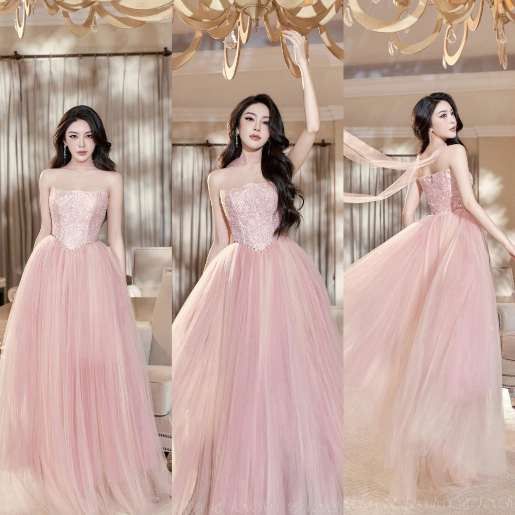 Đầm Dress Công Chúa Maxi Voan Tơ Lưới Xòe Bồng, Váy Cúp Ngực Chiết Eo Xòe Tùng Bồng Bềnh Tone Hồng Baby Nàng Thơ Xinh