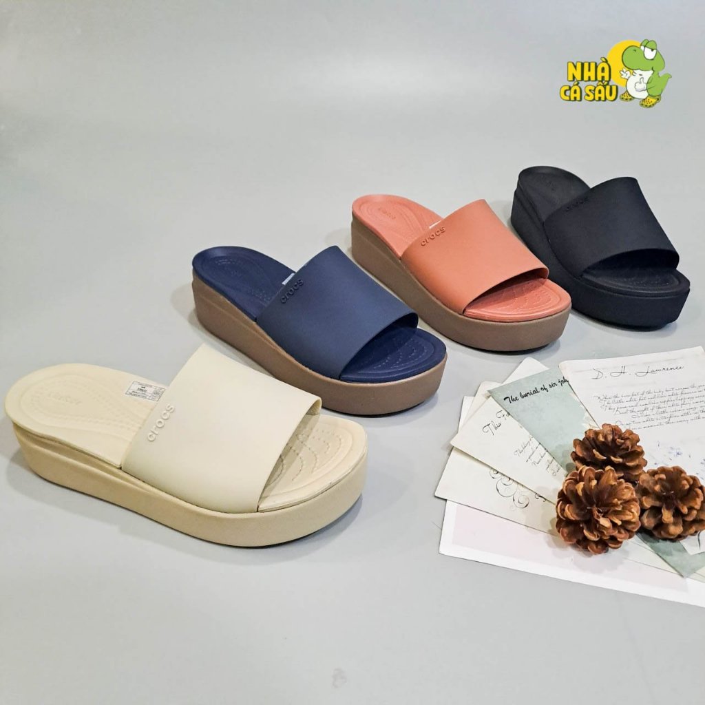 Dép crocs nữ đế cao brooklyn slide cao cấp, Ảnh thật dép quai ngang cross nữ bánh mỳ bản to cao 5cm Crocs House