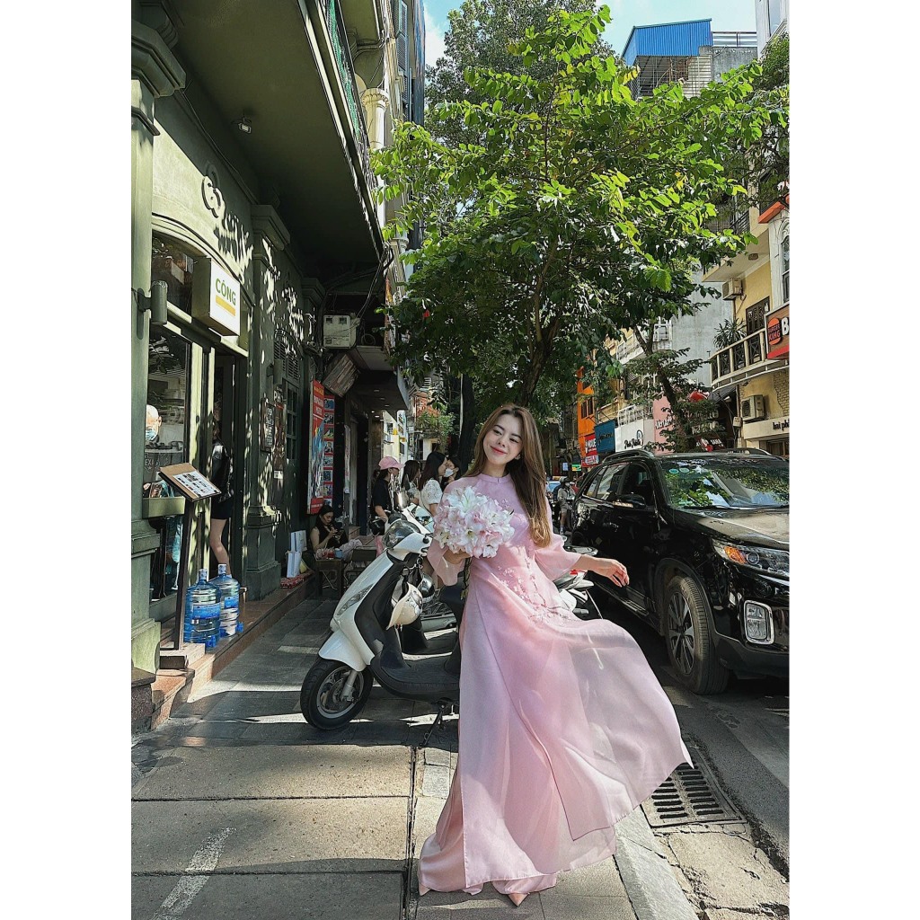 Áo Dài Hoa Đào Tay Lỡ Màu Hồng Phấn Trong Trẻo Sang Trọng Mặc Đi Tiệc - Vải Tơ Organza Cao Cấp
