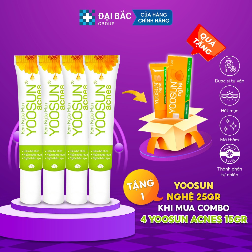 Combo 4 tuýp kem ngăn ngừa mụn, kiểm soát bã nhờn, ngừa thâm sẹo YOOSUN Acnes 15gr/tuýp tặng 1 gói tăm bông chấm mụn