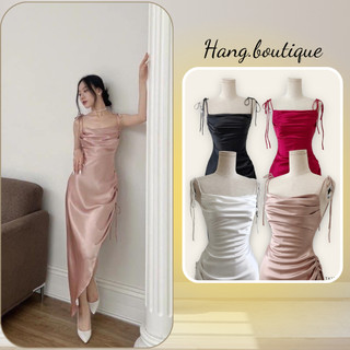 Đầm 2 dây cột nơ xếp ly ngực chất phi lụa xẻ tà dự tiệc dạo phố sang chảnh sexy hangboutique