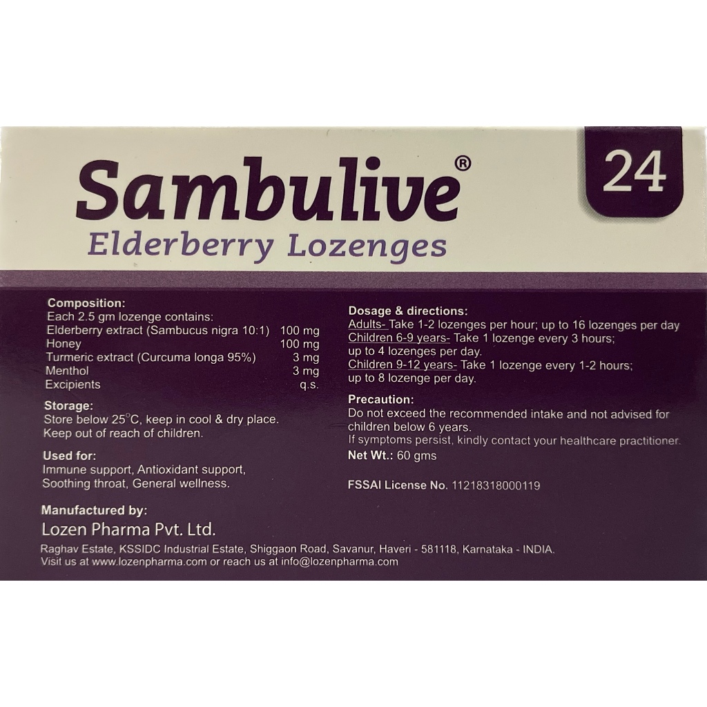 Kẹo Ngậm Lozen Pharma Sambulive Elderberry Lozenges Sambucus Hộp 24 Viên