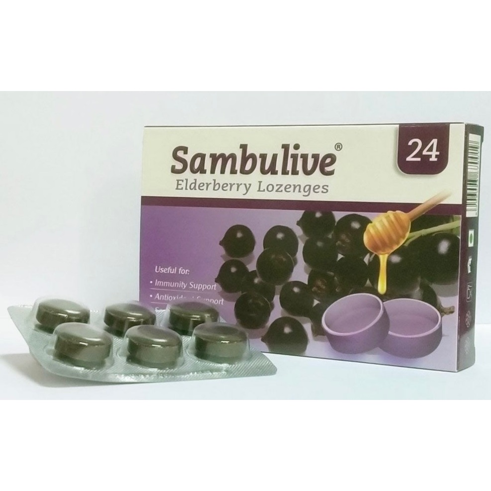 Kẹo Ngậm Lozen Pharma Sambulive Elderberry Lozenges Sambucus Hộp 24 Viên ( 2 vỉ x 12 viên kẹo ngậm )