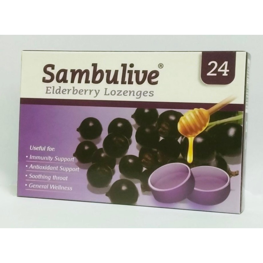 Kẹo Ngậm Lozen Pharma Sambulive Elderberry Lozenges Sambucus Hộp 24 Viên ( 2 vỉ x 12 viên kẹo ngậm )