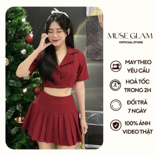 Set vest nữ croptop kèm chân váy xếp ly sweetie MUSE GLAM hàng thiết kế nhiều màu cao cấp MGS42
