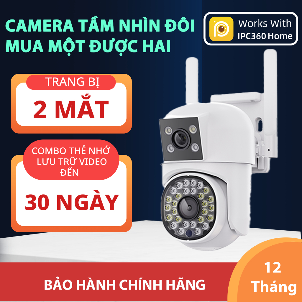 Camera ngoài trời 2 mắt IPC360 PC206, xoay 360 độ chế độ ban đêm có màu- Hàng chính hãng bảo hành 12 tháng
