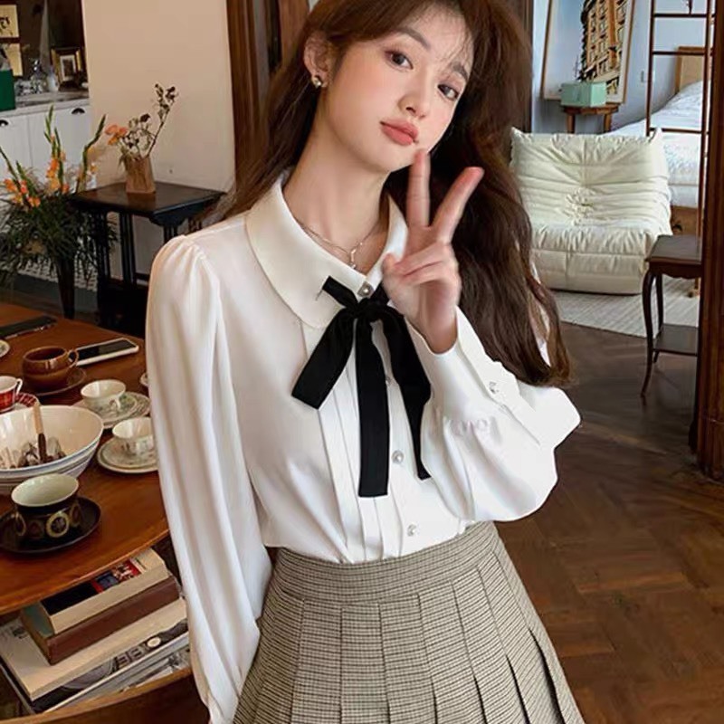 Áo sơ mi cổ sen tiểu thư kèm nơ sang chảnh deliz tay nhún bồng cách điệu dễ thương GABY