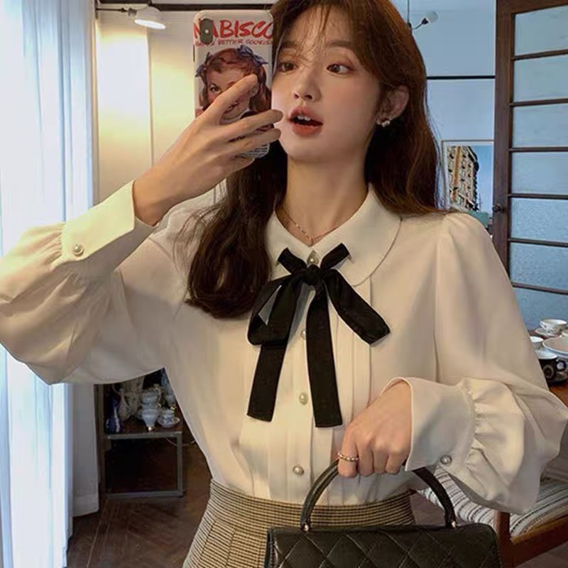 Áo sơ mi cổ sen tiểu thư kèm nơ sang chảnh deliz tay nhún bồng cách điệu dễ thương GABY