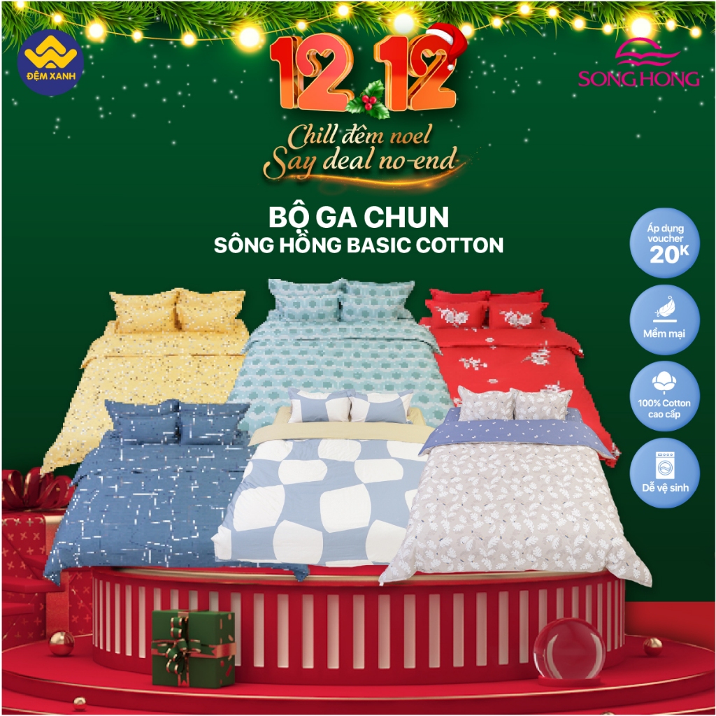 (1)Ga gối chun Sông Hồng Basic cotton mẫu mới 2023 - 2024 ( ga chun + vỏ gối đầu )