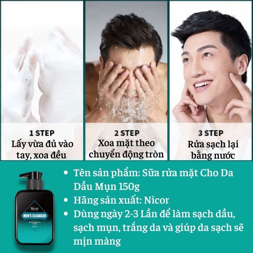 Sửa rửa mặt nam sạch sâu dưỡng trắng da Nicor 150g, Sửa rửa mặt trắng da nam cho da sáng bóng săn chắc đầy nam tính
