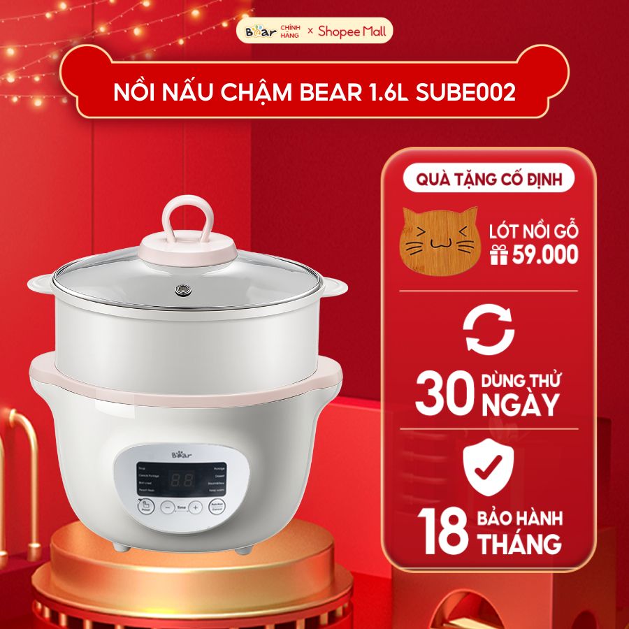 Nồi Nấu Chậm 1,6L Bear Chính Hãng Đa Năng Nấu Cháo, Chưng Yến Bản Tiếng Việt Bảo Hành 18 Tháng - SUBE002