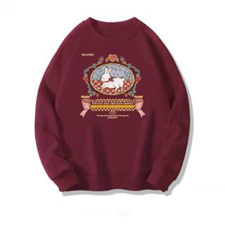 Áo sweater thỏ NUZIRO đỏ đô - Nỉ cổ tròn form rộng Nam Nữ Unisex in hình dễ thương