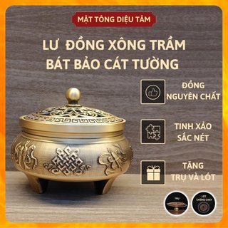 Lư xông trầm hương Lư đồng khắc hình bát bảo cát tường lư đốt trầm tặng trụ và lót chống cháy đồ thờ cúng phong thủy